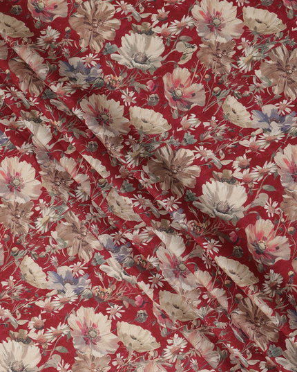 Red Floral Print Cotton Lawn Fabric 110 Cms Made In India-D27405 Regal Fabrics