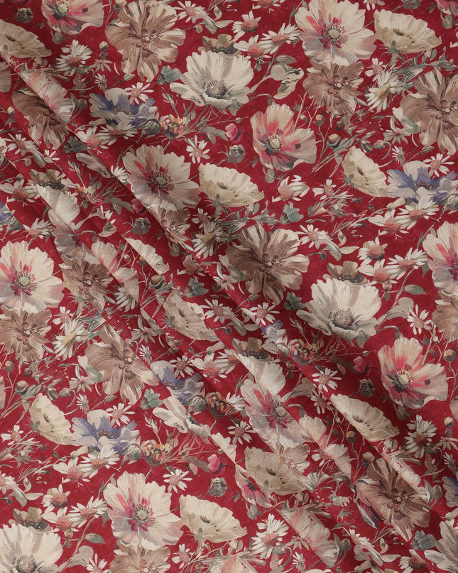 Red Floral Print Cotton Lawn Fabric 110 Cms Made In India-D27405
