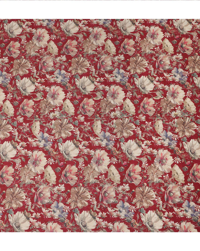 Red Floral Print Cotton Lawn Fabric 110 Cms Made In India-D27405