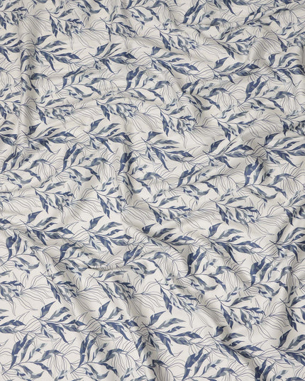 Ivory Blue Leaf Print Cotton Satin Fabric 110 Cms Made In India-D27395
