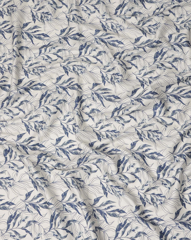 Ivory Blue Leaf Print Cotton Satin Fabric 110 Cms Made In India-D27395