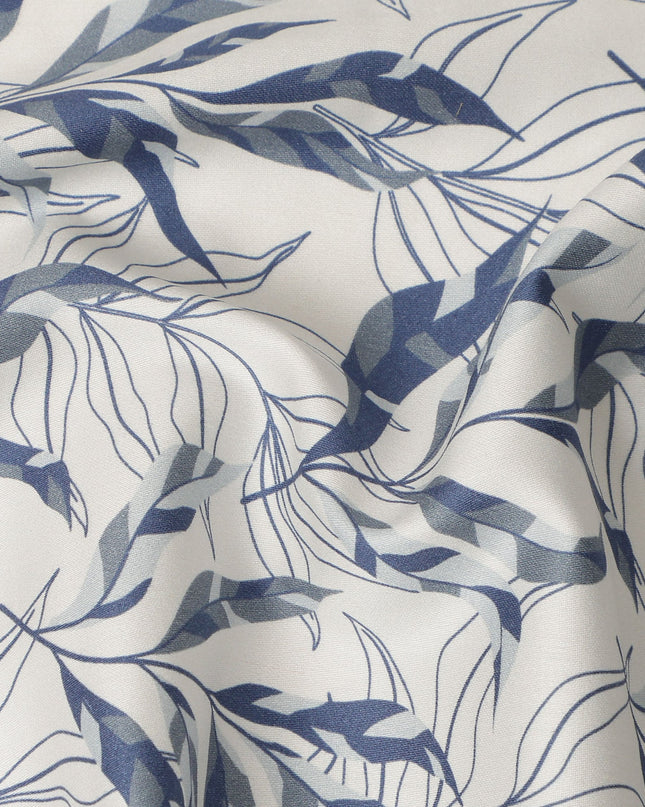Ivory Blue Leaf Print Cotton Satin Fabric 110 Cms Made In India-D27395