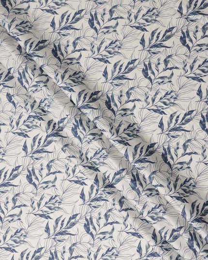 Ivory Blue Leaf Print Cotton Satin Fabric 110 Cms Made In India-D27395