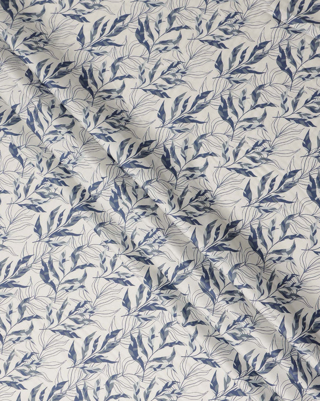 Ivory Blue Leaf Print Cotton Satin Fabric 110 Cms Made In India-D27395