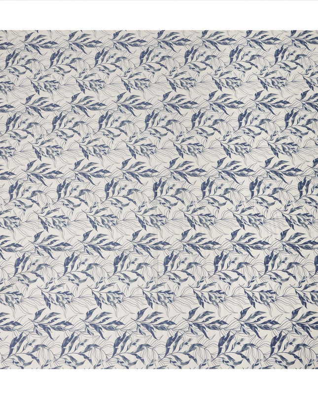 Ivory Blue Leaf Print Cotton Satin Fabric 110 Cms Made In India-D27395