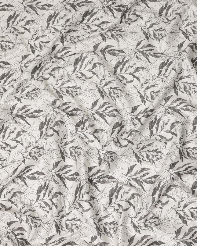 Ivory Grey Leaf Print Cotton Satin Fabric 110 Cms Made In India-D27392