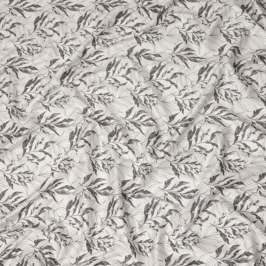 Ivory Grey Leaf Print Cotton Satin Fabric 110 Cms Made In India-D27392