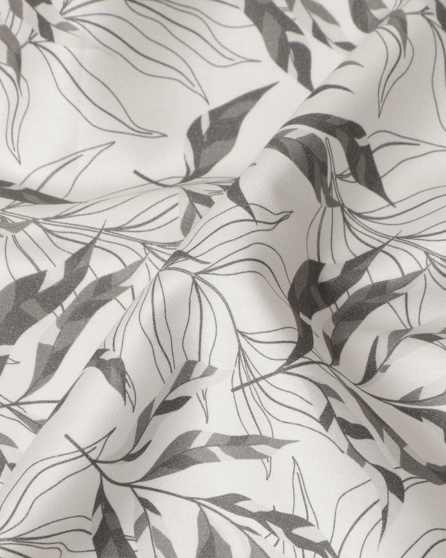 Ivory Grey Leaf Print Cotton Satin Fabric 110 Cms Made In India-D27392