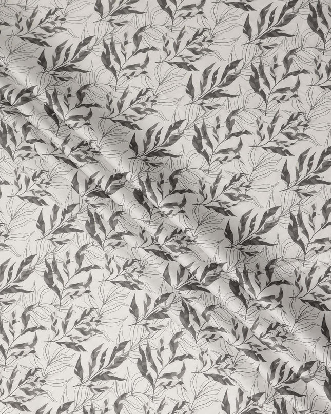 Ivory Grey Leaf Print Cotton Satin Fabric 110 Cms Made In India-D27392