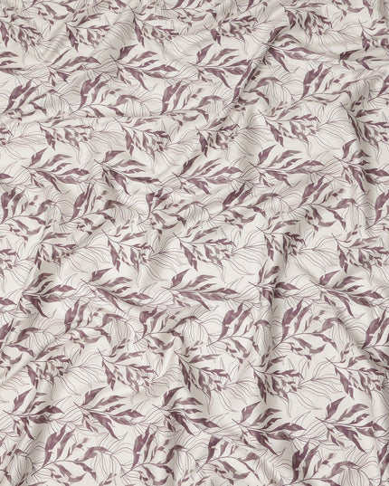Ivory Mauve Leaf Print Cotton Satin Fabric 110 Cms Made In India-D27393 Regal Fabrics