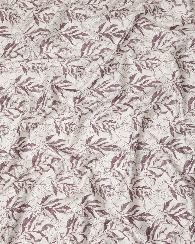 Ivory Mauve Leaf Print Cotton Satin Fabric 110 Cms Made In India-D27393