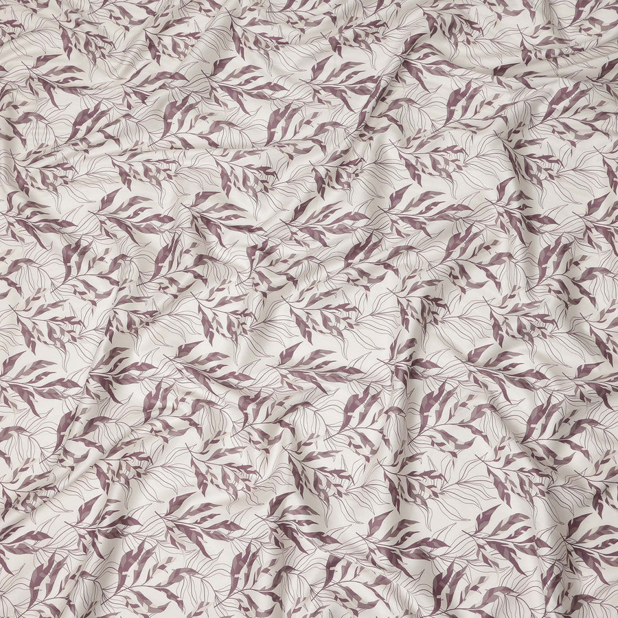 Ivory Mauve Leaf Print Cotton Satin Fabric 110 Cms Made In India-D27393 Regal Fabrics