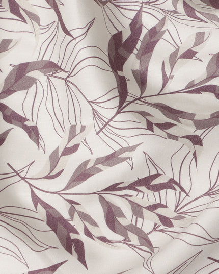 Ivory Mauve Leaf Print Cotton Satin Fabric 110 Cms Made In India-D27393 Regal Fabrics