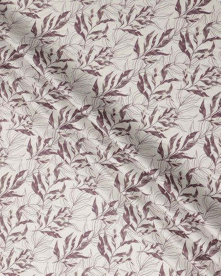 Ivory Mauve Leaf Print Cotton Satin Fabric 110 Cms Made In India-D27393 Regal Fabrics