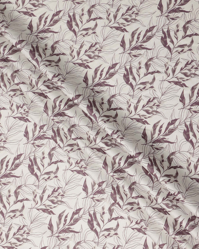 Ivory Mauve Leaf Print Cotton Satin Fabric 110 Cms Made In India-D27393