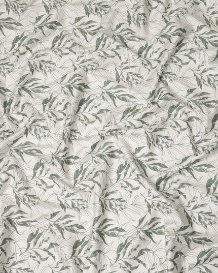 Ivory Sage Green Leaf Print Cotton Satin Fabric 110 Cms Made In India-D27394 Regal Fabrics