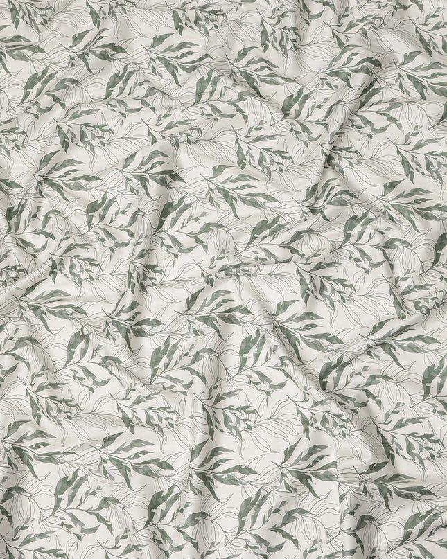 Ivory Sage Green Leaf Print Cotton Satin Fabric 110 Cms Made In India-D27394