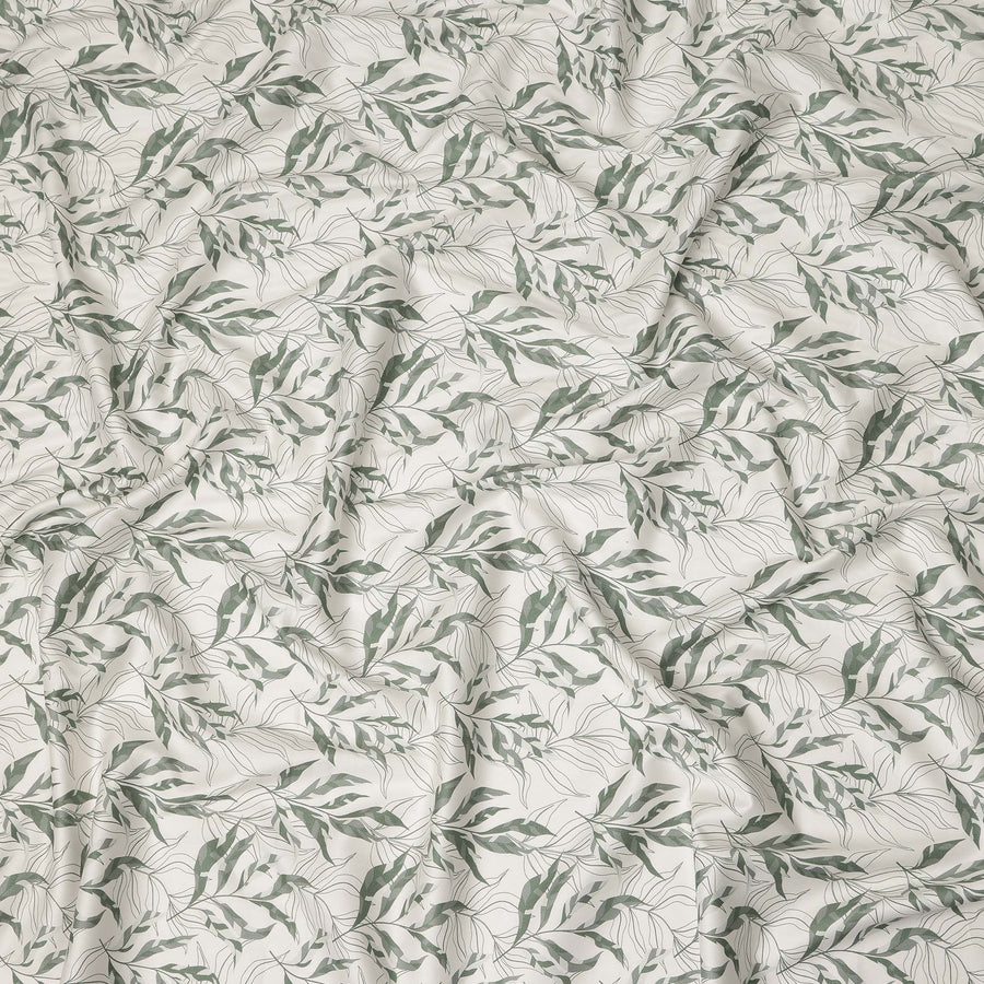 Ivory Sage Green Leaf Print Cotton Satin Fabric 110 Cms Made In India-D27394 Regal Fabrics