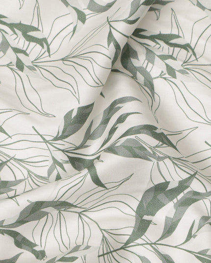 Ivory Sage Green Leaf Print Cotton Satin Fabric 110 Cms Made In India-D27394 Regal Fabrics