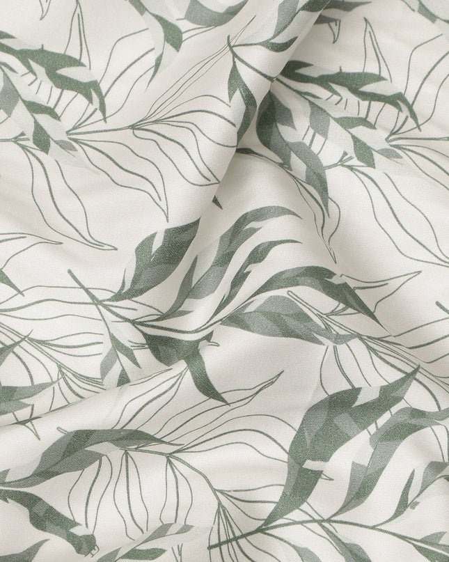 Ivory Sage Green Leaf Print Cotton Satin Fabric 110 Cms Made In India-D27394