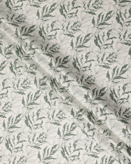 Ivory Sage Green Leaf Print Cotton Satin Fabric 110 Cms Made In India-D27394 Regal Fabrics
