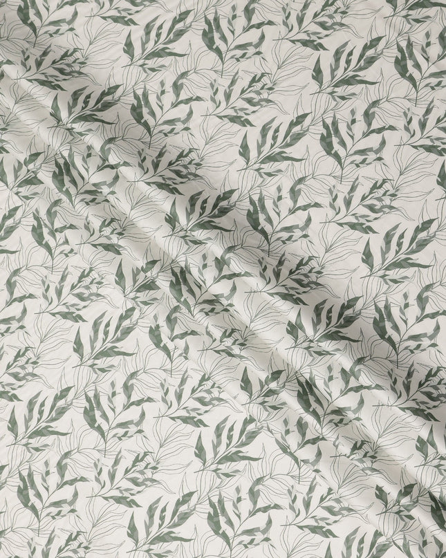 Ivory Sage Green Leaf Print Cotton Satin Fabric 110 Cms Made In India-D27394