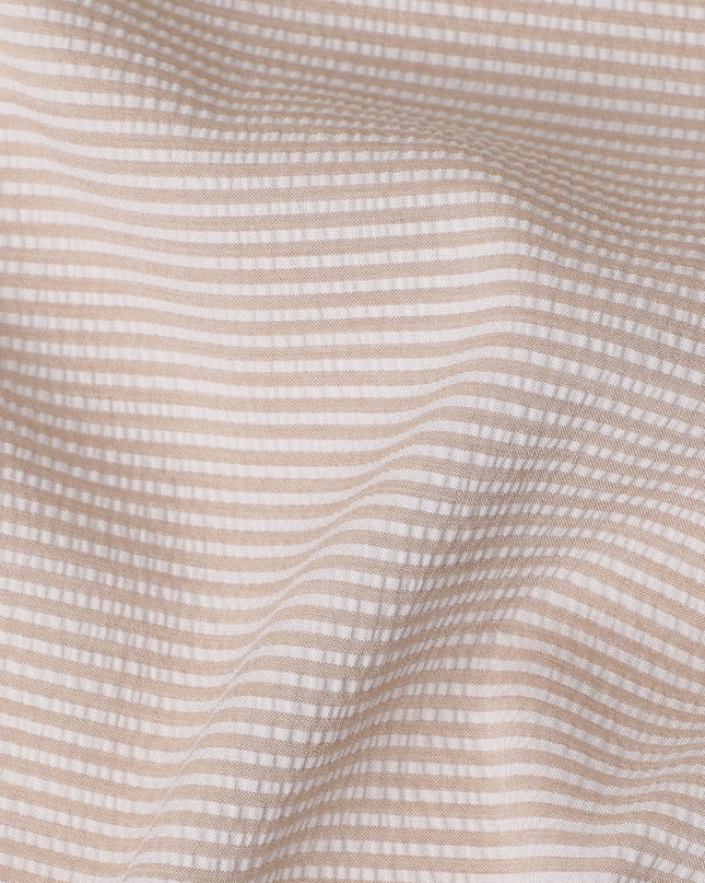 Beige & White Micro-Striped Cotton-Blended Shirting Fabric, Fine Horizontal Mini Stripe Pattern, 150 cms Width, Origin China-D26609