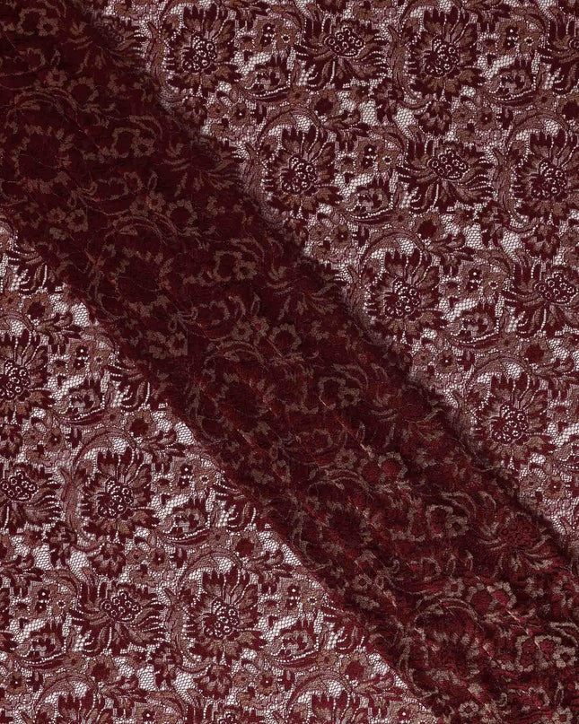 Wine Red Floral Metallic Embroidered Synthetic Lace Fabric Rich Design 110 Cms Made in South Korea-D27470