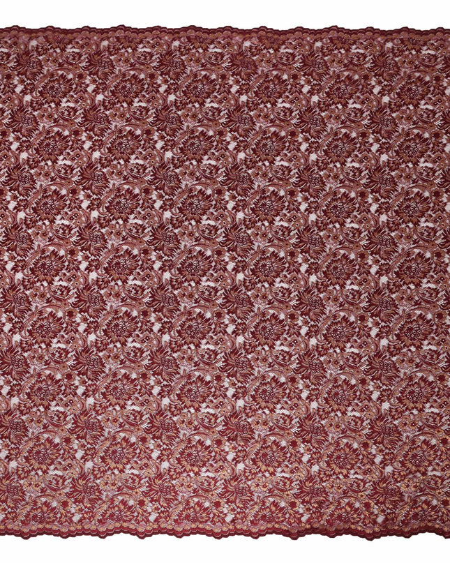 Wine Red Floral Metallic Embroidered Synthetic Lace Fabric Rich Design 110 Cms Made in South Korea-D27470
