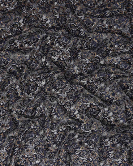 Navy Floral Metallic Embroidered Synthetic Lace Fabric Luxury Pattern 110 Cms Made in South Korea-D27466