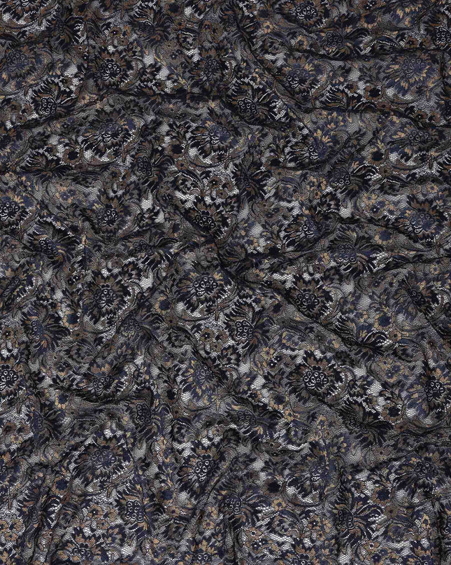 Navy Floral Metallic Embroidered Synthetic Lace Fabric Luxury Pattern 110 Cms Made in South Korea-D27466