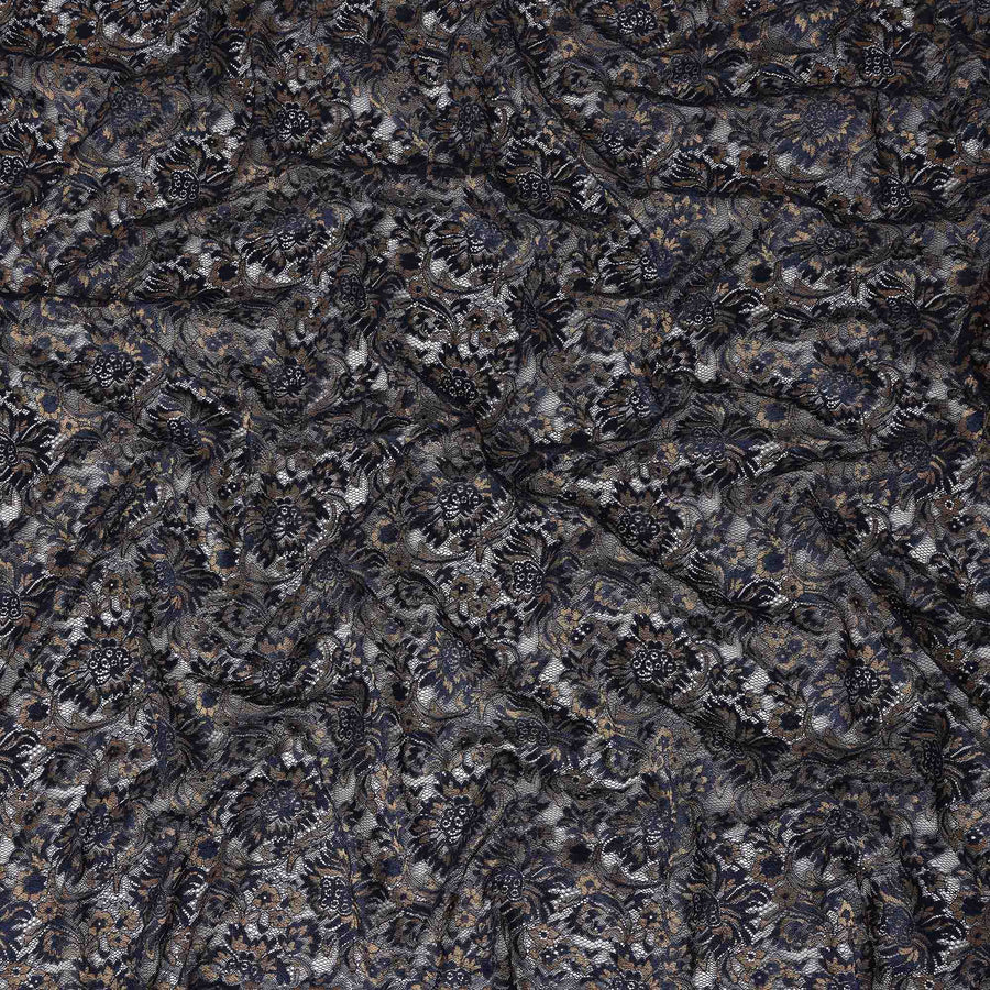 Navy Floral Metallic Embroidered Synthetic Lace Fabric Luxury Pattern 110 Cms Made in South Korea-D27466