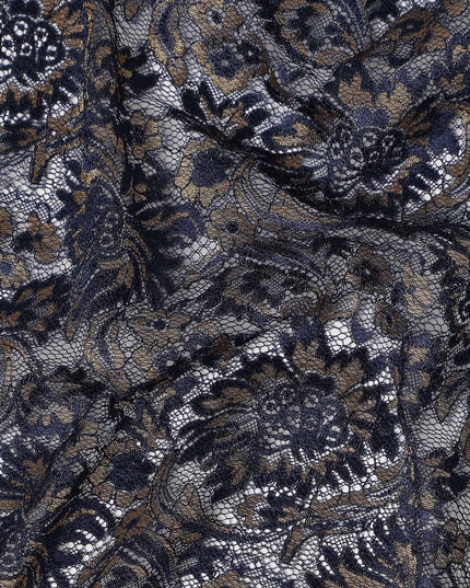 Navy Floral Metallic Embroidered Synthetic Lace Fabric Luxury Pattern 110 Cms Made in South Korea-D27466