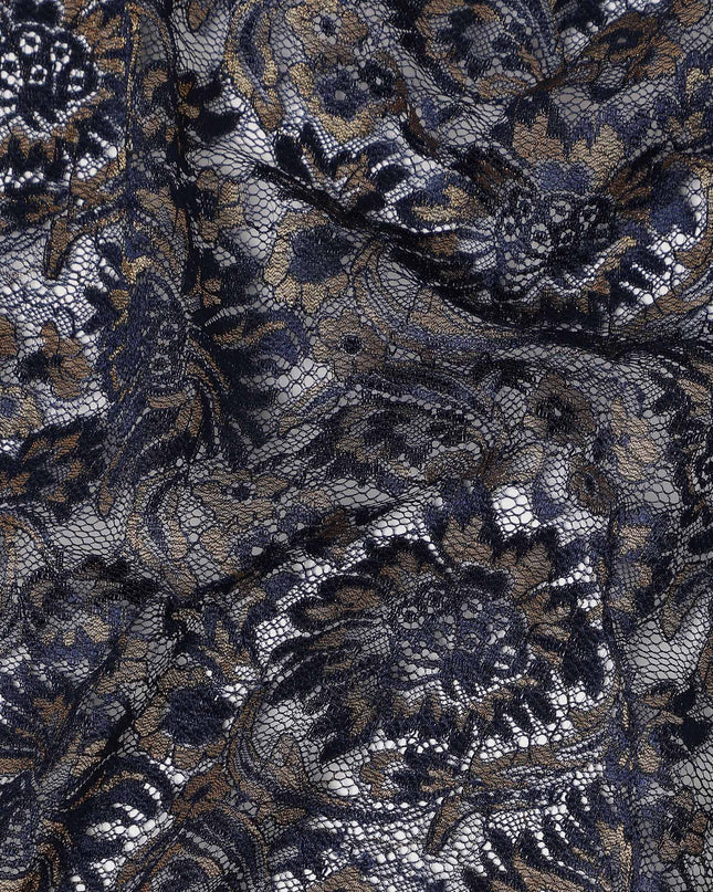Navy Floral Metallic Embroidered Synthetic Lace Fabric Luxury Pattern 110 Cms Made in South Korea-D27466