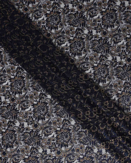Navy Floral Metallic Embroidered Synthetic Lace Fabric Luxury Pattern 110 Cms Made in South Korea-D27466