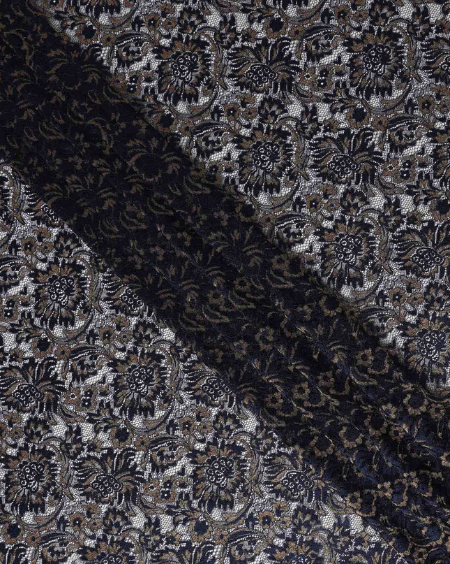 Navy Floral Metallic Embroidered Synthetic Lace Fabric Luxury Pattern 110 Cms Made in South Korea-D27466