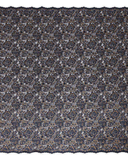 Navy Floral Metallic Embroidered Synthetic Lace Fabric Luxury Pattern 110 Cms Made in South Korea-D27466