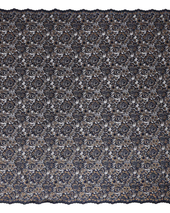 Navy Floral Metallic Embroidered Synthetic Lace Fabric Luxury Pattern 110 Cms Made in South Korea-D27466