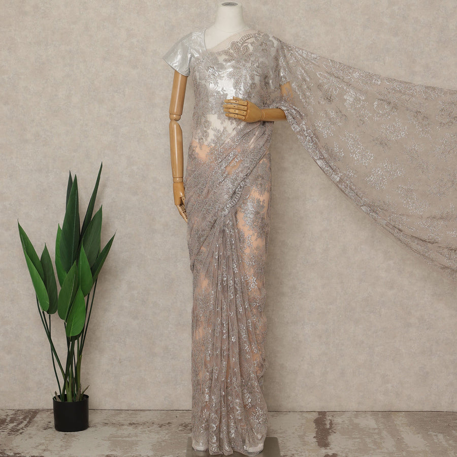Silver Beige Premium French Metallic Chantilly Saree Lace, 5.5 Mtrs Length, 110 Cms Width, Crafted in France -Blouse Not Included-D26722