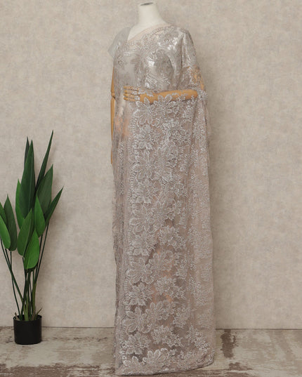 Silver Beige Premium French Metallic Chantilly Saree Lace, 5.5 Mtrs Length, 110 Cms Width, Crafted in France -Blouse Not Included-D26722