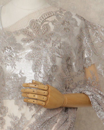 Silver Beige Premium French Metallic Chantilly Saree Lace, 5.5 Mtrs Length, 110 Cms Width, Crafted in France -Blouse Not Included-D26722