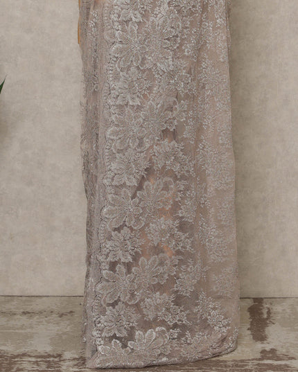 Silver Beige Premium French Metallic Chantilly Saree Lace, 5.5 Mtrs Length, 110 Cms Width, Crafted in France -Blouse Not Included-D26722