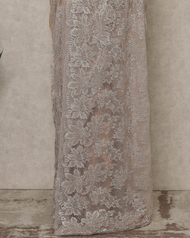 Silver Beige Premium French Metallic Chantilly Saree Lace, 5.5 Mtrs Length, 110 Cms Width, Crafted in France -Blouse Not Included-D26722