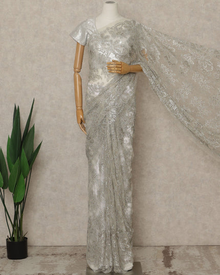 Silver Premium French Metallic Chantilly Saree Lace, 5.5 Mtrs Length, 110 Cms Width, Crafted in France -Blouse Not Included-D26723