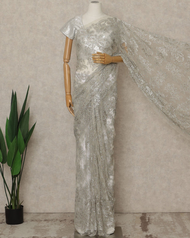 Silver Premium French Metallic Chantilly Saree Lace, 5.5 Mtrs Length, 110 Cms Width, Crafted in France -Blouse Not Included-D26723