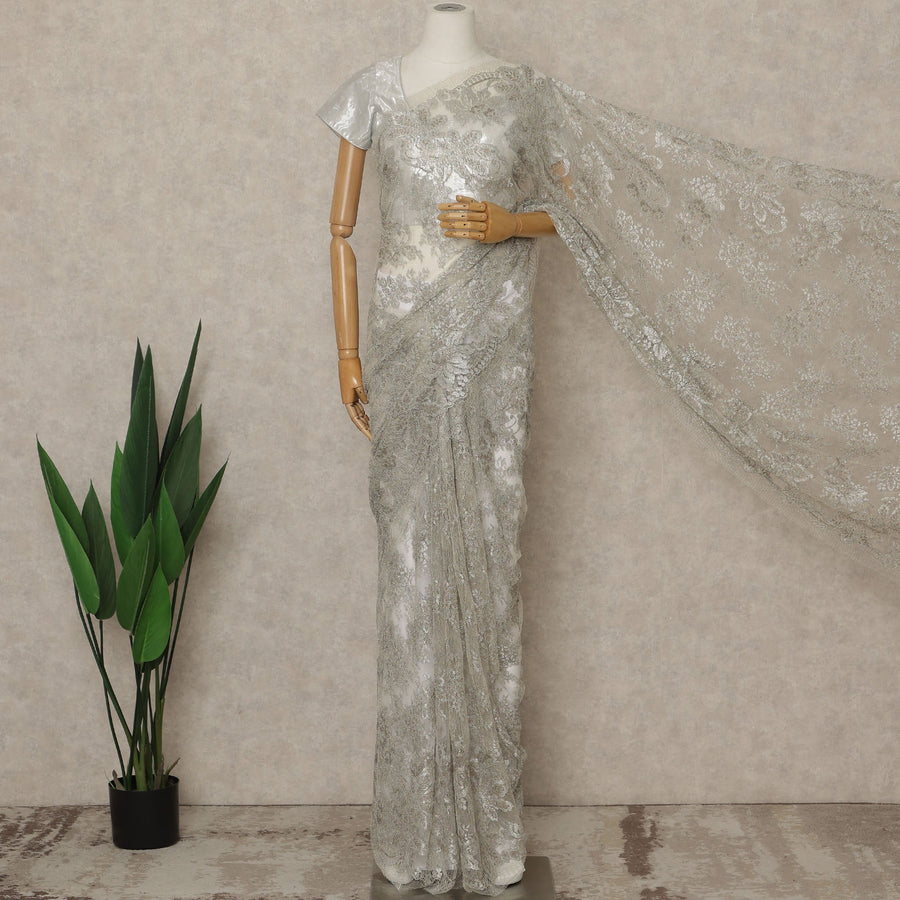 Silver Premium French Metallic Chantilly Saree Lace, 5.5 Mtrs Length, 110 Cms Width, Crafted in France -Blouse Not Included-D26723