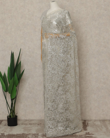 Silver Premium French Metallic Chantilly Saree Lace, 5.5 Mtrs Length, 110 Cms Width, Crafted in France -Blouse Not Included-D26723