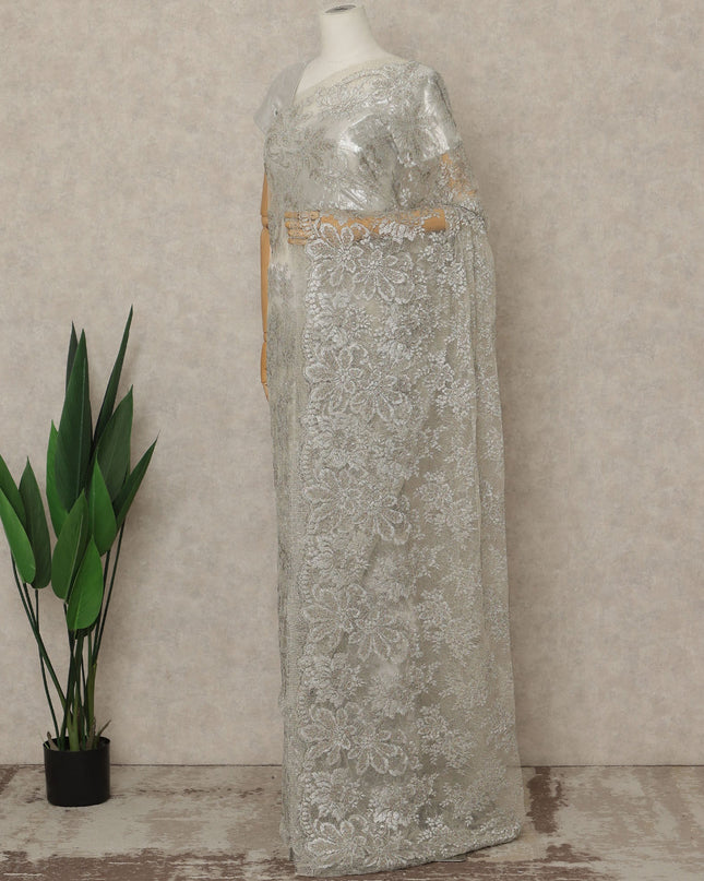 Silver Premium French Metallic Chantilly Saree Lace, 5.5 Mtrs Length, 110 Cms Width, Crafted in France -Blouse Not Included-D26723