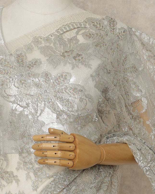 Silver Premium French Metallic Chantilly Saree Lace, 5.5 Mtrs Length, 110 Cms Width, Crafted in France -Blouse Not Included-D26723