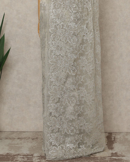 Silver Premium French Metallic Chantilly Saree Lace, 5.5 Mtrs Length, 110 Cms Width, Crafted in France -Blouse Not Included-D26723